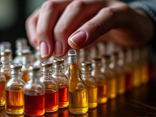Gros plan sur des mains sélectionnant des fioles d'essences